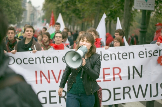 Studenten op de vakbondsbetoging van 7 oktober. (Foto Solidair, Salim Hellalet)