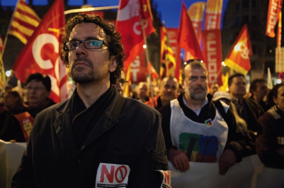 In Spanje ontketende de arbeidsmarkthervorming van 2012 een grote beweging, met onder andere een algemene staking op 29 maart 2012. Foto: mobilisatie in Barcelona. (Foto Javier Carbajal - Imagen en Acción / Flickr)