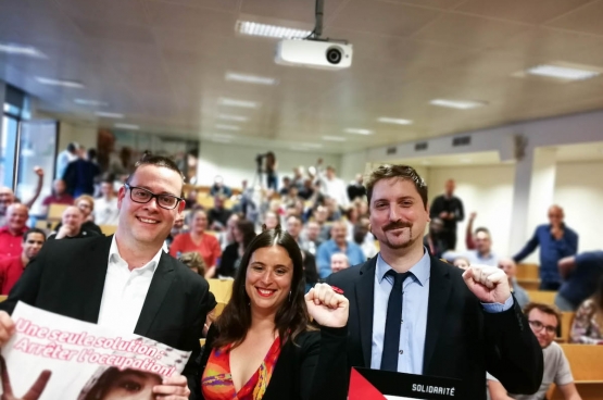 Laurent Brun (rechts), Algemeen Secretaris van CGT Spoor. (Foto Solidair, Sophie Lerouge)