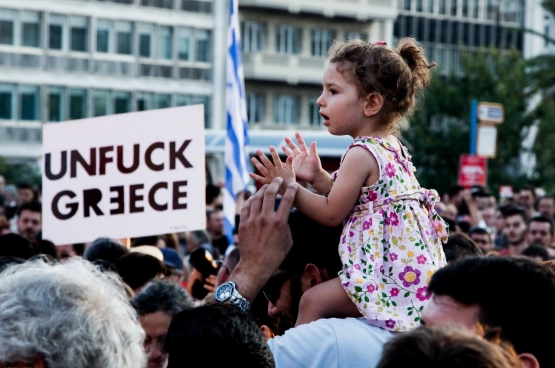 Juni 2015, betoging in Athene nadat de regering plooide voor de Europese besparingsmaatregelen. Foto Jan Wellman, Flickr