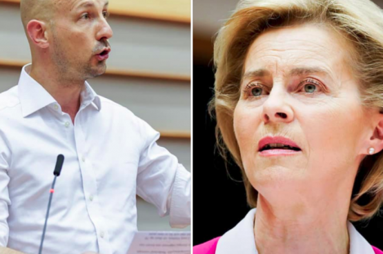 Marc Botenga, europarlementslid PVDA (links) en Ursula von der Leyen, voorzitter Europese Commissie (rechts). (Foto Europese Unie)