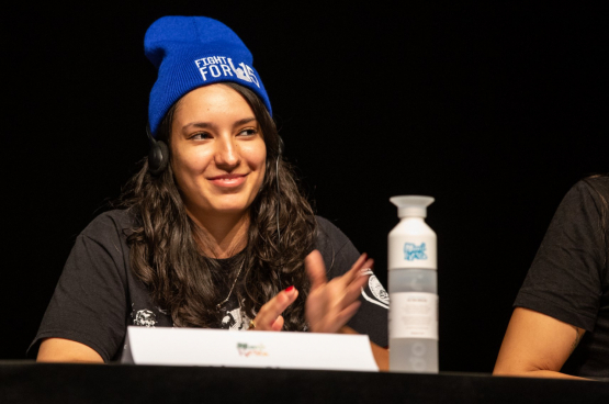 Adriana Alvarez, woordvoerder van de campagne Fight for 15 in Chicago, voor een minimumloon van 15 dollar per uur. Werkt bij McDonalds. (Foto Solidair)