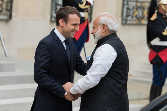 De Franse president Macron en de Indiase premier Modi (Foto Frédéric Legrand)