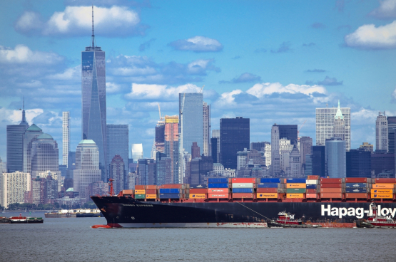 Een containerschip in de haven van New York. (Foto Mike Dotta)